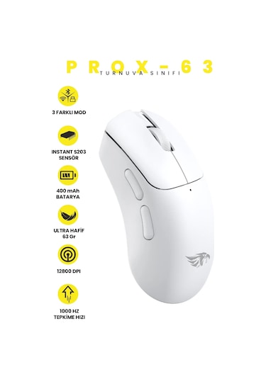 Gaming Kablosuz Mouse Beyaz 63g Ultra Hafif 2.4g, Bluetooth, Type-c, 12800 Dpı Şarjlı Ergonomik Makrolu Tasarım Diğer