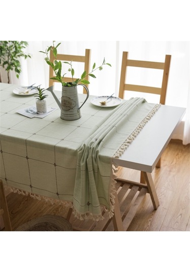 Kare Kafes İşlemeli Masa Örtüsü Saf Renk Pamuk Keten Püskül Dikdörtgen Sehpa Mat, Boyutu: 100x160cm Yeşil Yeşil
