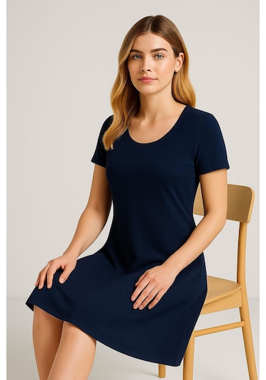 Dökümlü Rahat Kalıp Günlük Penye Kumaş Elbise Lacivert