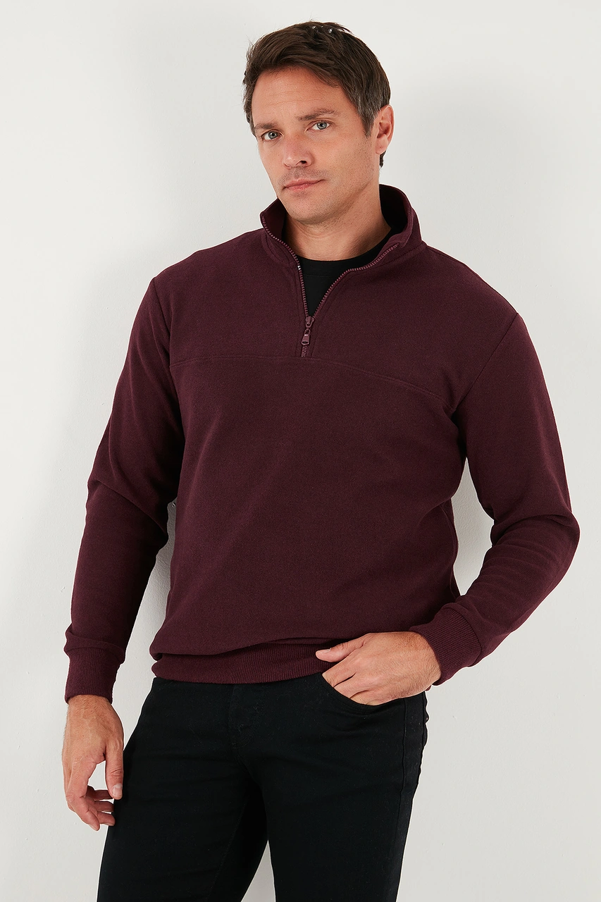 Buratti Pamuklu Regular Fit Yarım Fermuarlı Dik Yaka Erkek Kazak 456112 Mürdüm