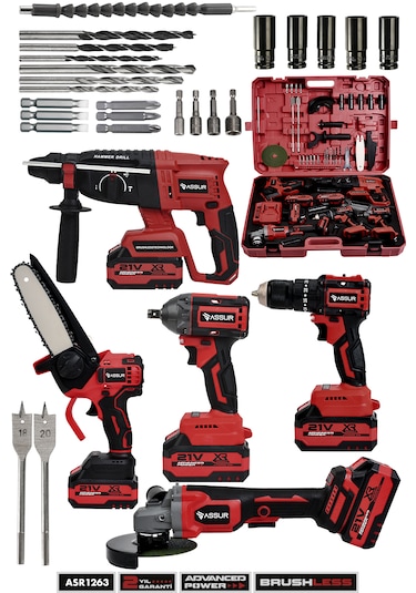 Assur ASR1263 21V Darbeli Kömürsüz 5'li Set Kırıcı Delici Hilti + Somun Sıkma Sökme + Testere + Taşlama + Akülü Vidalama Kırmızı