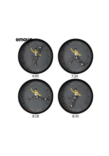 Lemestar Kung Fu Temalı Sessiz Duvar Saati -李小龙 Desenli Ev Dekorasyonu - Siyah Yuvarlak Ev Saatleri Çok Renki