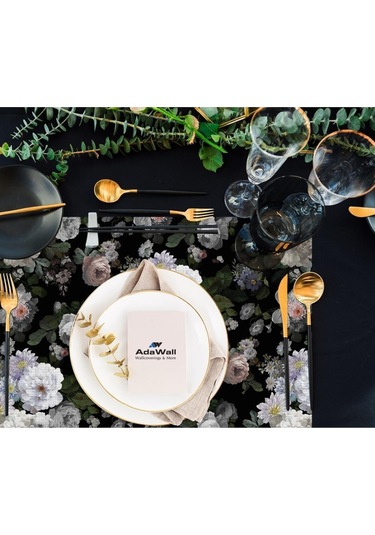 Siyah Çiçek Kumaş Amerikan Servis 4'lü Set - 35x50cm Keten, Ulusl. Yıkama Ve Solmama Sertifikası Çok Renkli