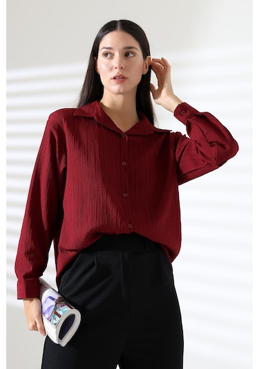 Ribana Regular Fit Uzun Kollu Durres Dokulu Kadın Gömlek Bordo Ribana Regular Fit Uzun Kollu Durres Dokulu Kadın Gömlek Bordo