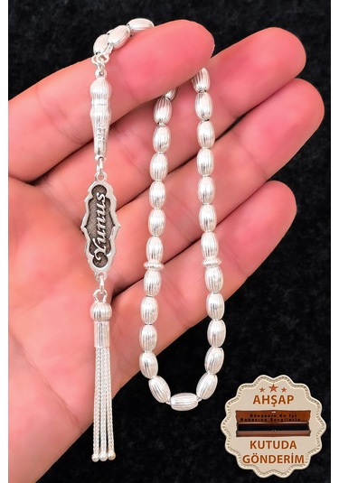 İsimli Gümüş Tesbih Çizgili Arpa Kesim İsim Yazılı Gümüş Tesbih 925 Ayar St382 Gümüş  - Siyah