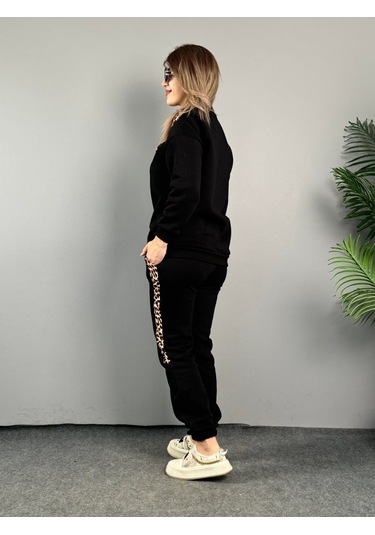 Modaserdem Kadın Üç Iplik Kumaş Leopar Desenli Dantel Detaylı Ikili Takım Siyah