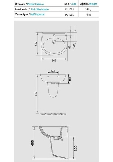 Turavit Polo Yarım Ayak Lavabo 45 x 55