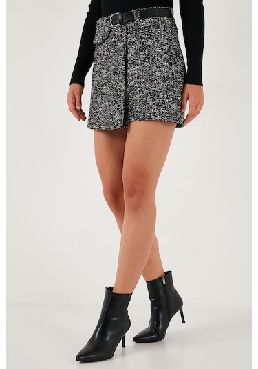 Lela Pamuklu Kırçıllı Relaxed Fit Mini Boy Kemerli Bayan Şort Etek 611Sr0083 Siyah