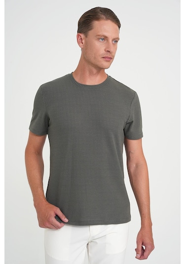 Comfort Fit Bisiklet Yaka Fitilli Kısa Kol Haki Tişört Ts 912 Haki