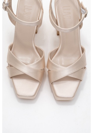 Yulia Bej Saten Çapraz Bantlı Kadın Platform Topuklu Ayakkabı Bej