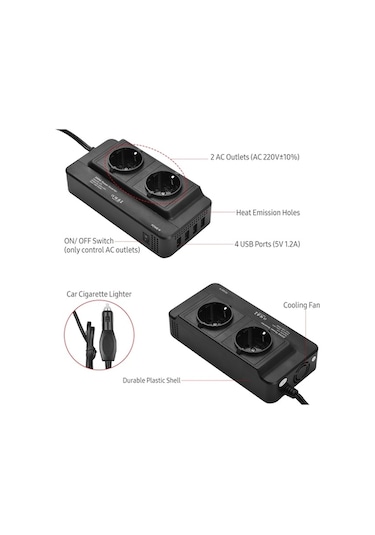 Besthome1 200w Araba Adaptörü 12v-220v Çift Ac Usb Şarj Cihazı Güvenli, Portatif