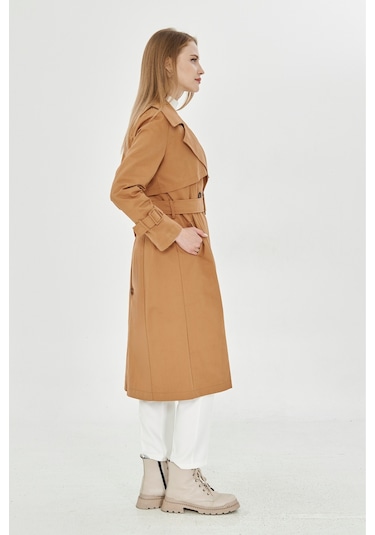 Pastelastore %100 Pamuk Gabardin Uzun 110cm Astarlı Kemerli Kadın Trençkot 1111 Tarçın