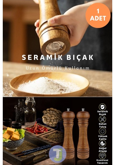 Technojet 1 Adet 22cm Doğal Ahşap Karabiber Tuz Kahve Baharat Öğütücü Ahşap Değirmen Tuzluk Biberlik