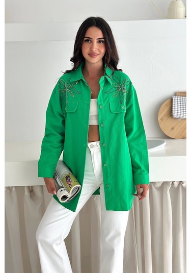 Asprin Fashion Taş Detaylı Gömlek Yeşil Yeşil