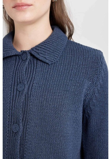 Defacto Regular Fit Polo Yaka Basic Düz Düğmeli Triko Hırka D5395AX24AUNV215 Lacivert