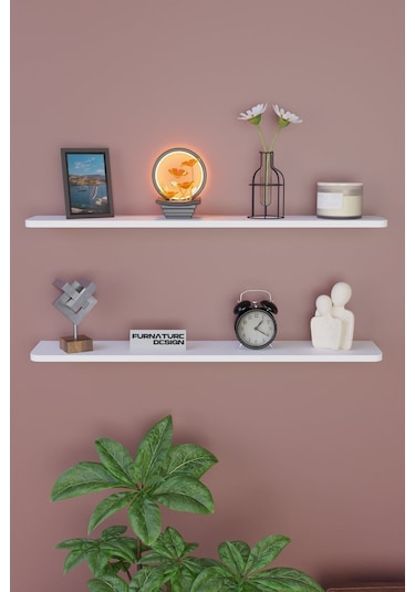 Dekoratif Uçan Duvar Rafı 2 Adet Gizli Monteli Raf Oval Kesim 100x18 Cm Beyaz