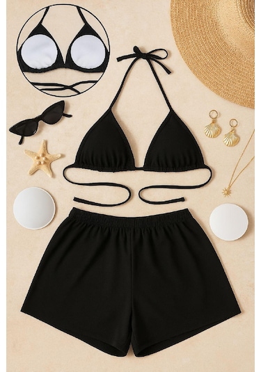 Kadın Siyah Şortlu Belden Ve Boyundan Bağlamalı Bikini Takımı Siyah