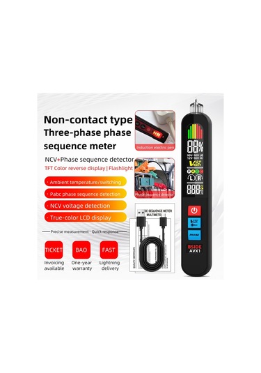 Yaozixa Bsıde Avx1 Sıcaklık Gösteren, Usb Şarjlı, 2'li 1 Faza Sıra Testeri Ve Voltaj Tespit Kalemi - Siyah