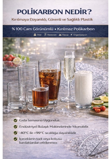 Polikarbon Kırılmaz 280 Ml Long Drink Bardağı Cam Görünümlü Şık Tasarım Şeffaf
