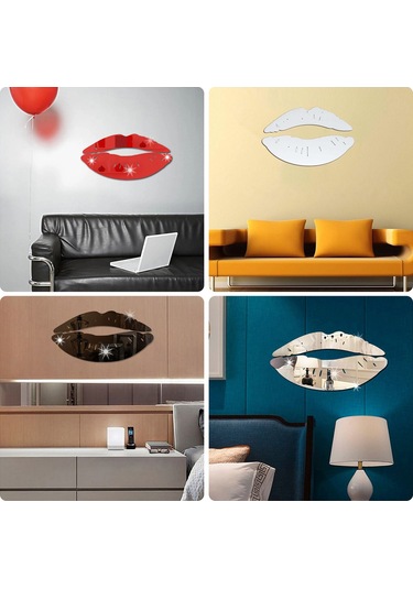 Mufunye Dudak Şekilli Ayna Duvar Sticker Seti - Kırmızı, Altın, Siyah, Gümüş Renk Seçenekleri - Dekoratif Duvar Aksesuarı Çok Renkli