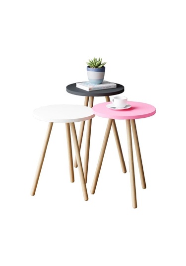 Renkli Üçlü Zigon Sehpa Ahşap Ayaklı Yuvarlak Pastel Tasarım Pembe Beyaz Gri