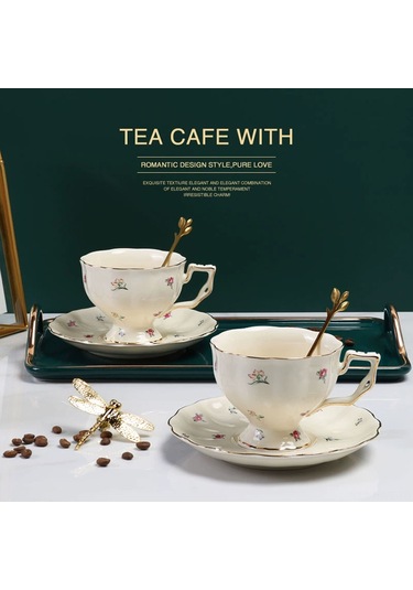 Honmex Porselen 250ml Büyük Kapasiteli Kahve Fincanı Seti: Gümüş Kenarli, Desenli, Tabak Ve Kaşık İle Tamamlanmış Beyaz