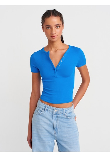 Dilvin 31704 Çıtçıt Düğmeli Kısa Kollu Top-saks Saks