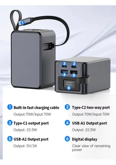 20000mah 70w Hızlı Şarj Powerbank Lcd Ekran 2x Usb + 2x Type-c Type-c Kablolu Çıkışlı Gri