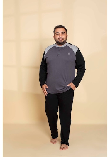 Erkek Büyük Battal Beden Desenli 3 Düğmeli %100 Pamuk Mevsimlik Uzun Kol Cepli Pijama Takımı Gri-siyah