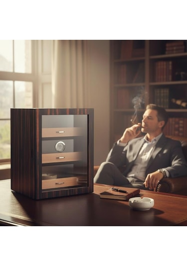 Cigarloong Camlı 3 Çekmeceli Puro Kutusu Humidor Abanoz 100's