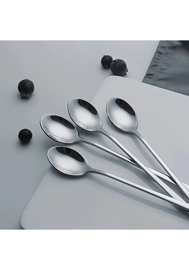 Xuweiwei 4 Parça Paslanmaz Çelik Buz Ve Kahve Kaşığı Seti Uzun Saplı Dayanıklı Gümüş