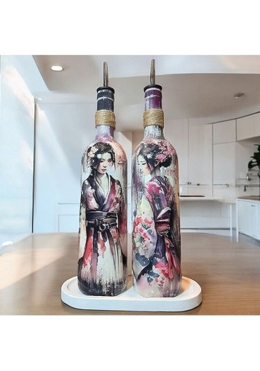 El Yapımı Japon Kadın Desenli Renkli 750 Ml Zeytinyağı Sıvıyağ Şi
