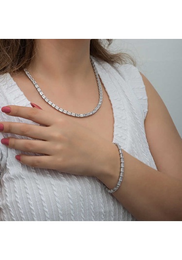 Blackcraft Gümüş Beyaz Taşlı Su Yolu Kadın Set Bc-68a809 Beyaz