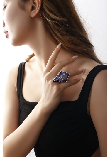 Matya Antik Gümüş Kaplama Ayarlanabilir Mor Taşlı Yüzük Antik Gümüş