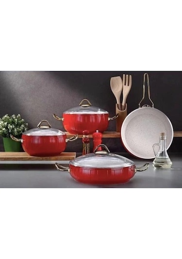 Bonera Granit Tencere Seti 7 Parça Kırmızı