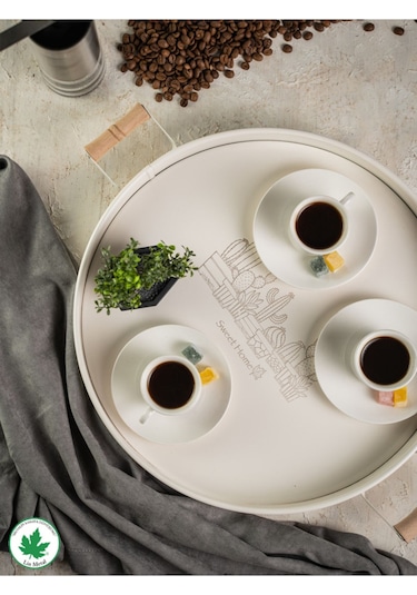 Lin Metal 37cm Yuvarlak Tepsi Ahşap Kulplu Kaktüs Baskılı - Krem