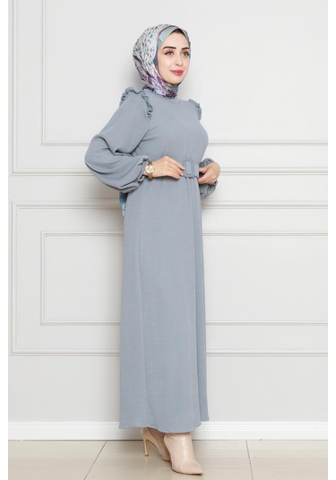 Omuzu Fırfır Kemerli Elbise-gri-4562 Gri