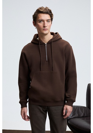 JUSTUS Erkek Kapüşonlu Kanguru Cepli Fermuar Yakalı Kahverengi Sweatshirt