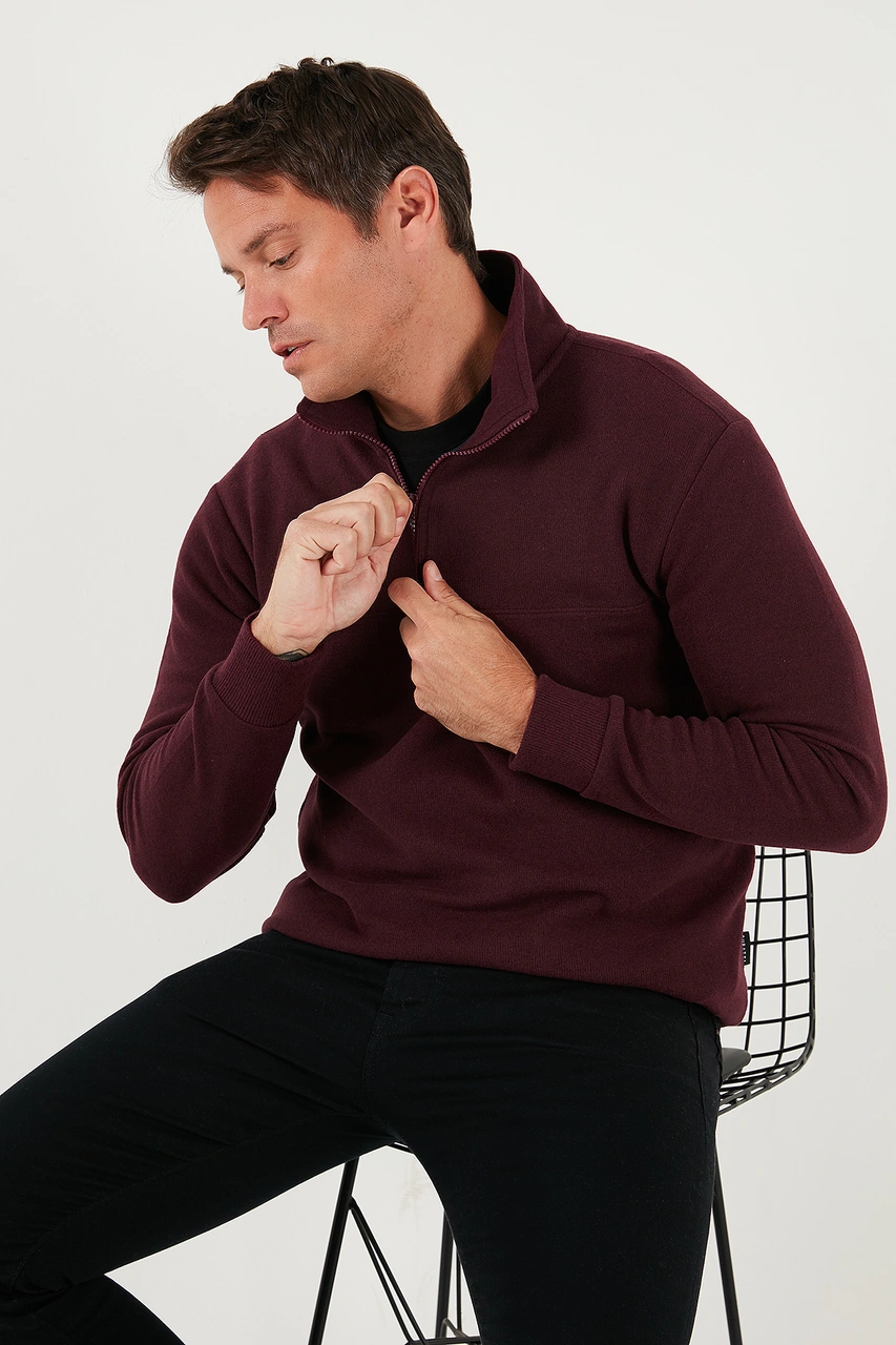 Buratti Pamuklu Regular Fit Yarım Fermuarlı Dik Yaka Erkek Kazak 456112 Mürdüm