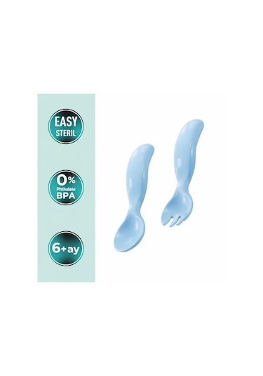 Mamajoo Ergonomik Beslenme Kaşık & Çatal Seti Mavi, 6 Ay+ İkili