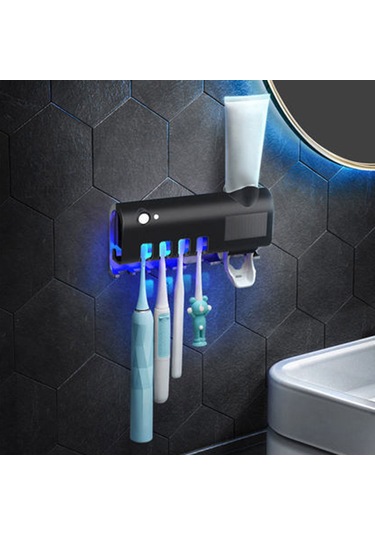 Hfambition Siyah Uv Sterilizasyonlu Akıllı Fırça Tutucu - Zımba Macunu Dağıtıcı İle Duvar Takımı Deliksiz Montaj Siyah