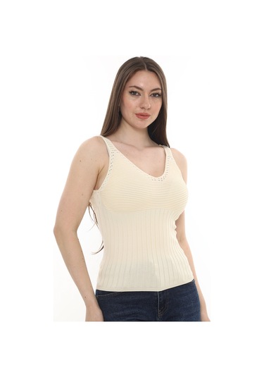 Monox Kadın Bluz V Yaka Gofre Nakışlı Yazlık Triko Atlet Bej