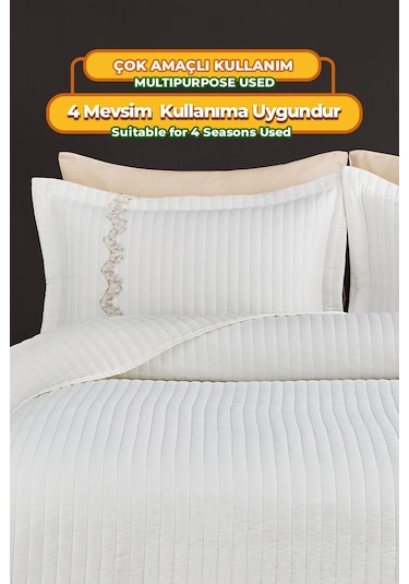Evlen Home Mihrimah Dantelli Lüks Yatak Örtüsü Seti Çift Kişilik %100 Pamuk Şık Zarif Yumuşak Krem Kırık Beyaz