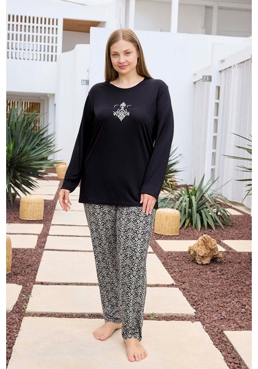 Aydoğan Kadın İnci Büyük Beden She Is Me Siyah Pijama Takımı 0492 Siyah