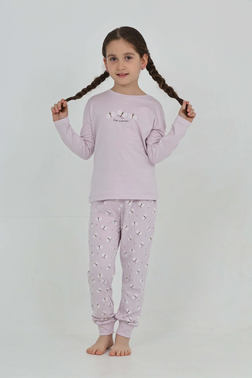 Toontoy Kız Çocuk Kelebek Baskılı Pijama Takım Lila