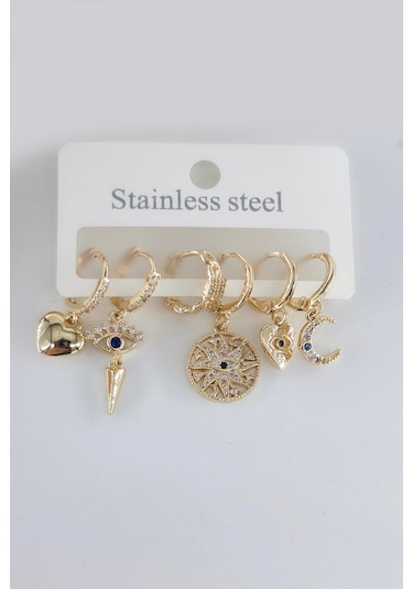 Kadın Vip Seri Antialerjik Zirkon Taşlı 6'lı Küpe-5308 Altın