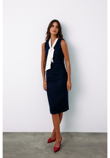 Sateen Fularlı Kolsuz Tüvit Elbise - Lacivert-135150 Lacivert