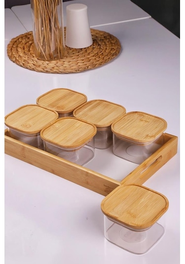 Duo 400ml 6'lı Bambu Beyaz Mermer Desen Tepsili Bambu Vakumlu Kapaklı Cam Kahvaltılık Bambu