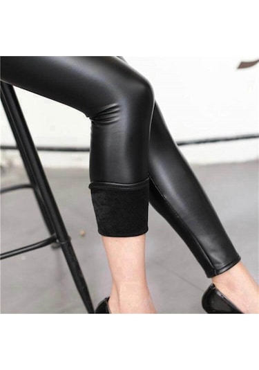 Içi Peluşlu Siyah Deri Tayt Yüksek Bel Korsajlı SiYAH