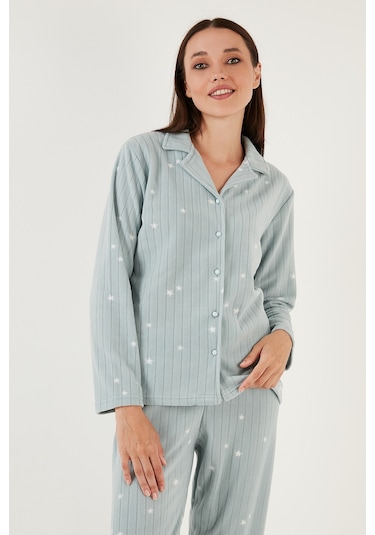 Lela Regular Fit Gömlek Yaka Önden Düğmeli Polar Bayan Pijama Takımı 6571009W4 Mint